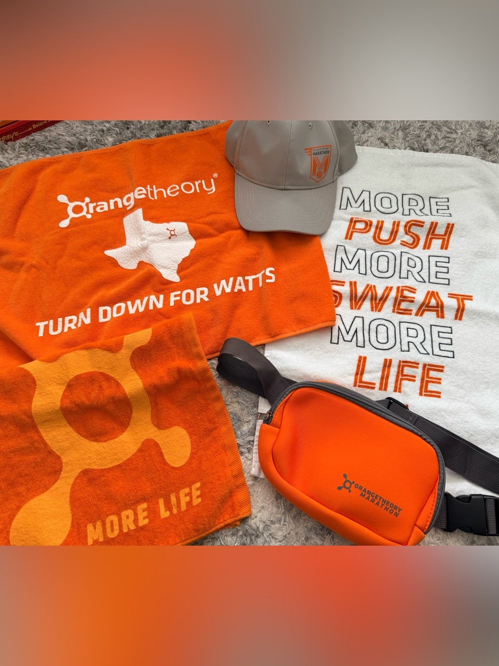 Orangetheory Orange and Gray Workout Towel with Orange Fanny Pack and Gray Hat
